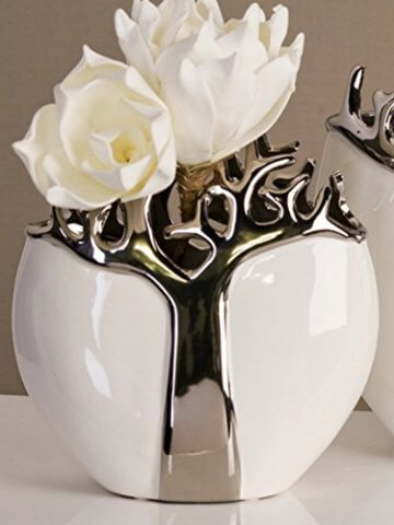Designer Vase Tree aus Keramik weiß/silber mit silbernem Baumdesign Höhe 21 cm - 