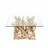 Design Teakholz Couchtisch DRIFTWOOD mit Glasplatte eckig Tisch Treibholz Holztisch - 1