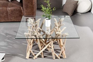 Design Teakholz Couchtisch DRIFTWOOD mit Glasplatte eckig Tisch Treibholz Holztisch - 3