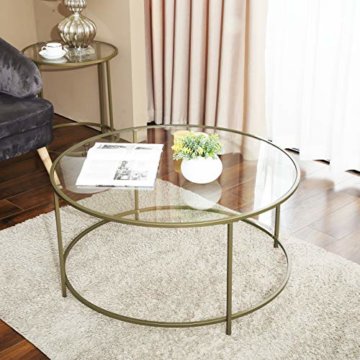 VASAGLE Couchtisch rund, Glastisch mit goldenem Eisen-Gestell, Wohnzimmertisch, Sofatisch, robustes Hartglas, stabil, dekorativ, Gold LGT21G - 3