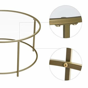 VASAGLE Couchtisch rund, Glastisch mit goldenem Eisen-Gestell, Wohnzimmertisch, Sofatisch, robustes Hartglas, stabil, dekorativ, Gold LGT21G - 4