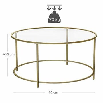 VASAGLE Couchtisch rund, Glastisch mit goldenem Eisen-Gestell, Wohnzimmertisch, Sofatisch, robustes Hartglas, stabil, dekorativ, Gold LGT21G - 6