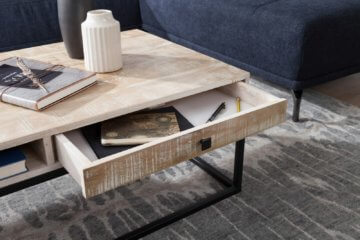 FineBuy Couchtisch 115 cm Wohnzimmertisch Massivholz mit Schublade Metall Tisch