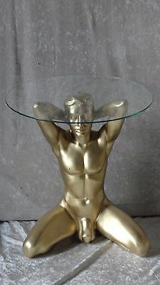 Tisch Mann Akt Figur Glas Couchtisch Beistelltisch Deko Skulptur Erotik Gold NEU