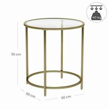 VASAGLE Beistelltisch rund, Glastisch mit goldenem Metallgestell, kleiner Couchtisch, Nachttisch, Sofatisch, Balkon, robustes Hartglas, stabil, dekorativ, Gold LGT20G - 6
